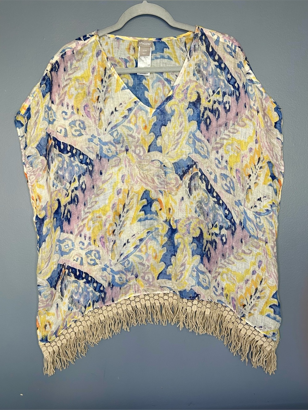 Chicos Tunic Blouse S/M Multicolor Sheer Linen Fringe Poncho Beachy Boho Top - Picture 9 of 10